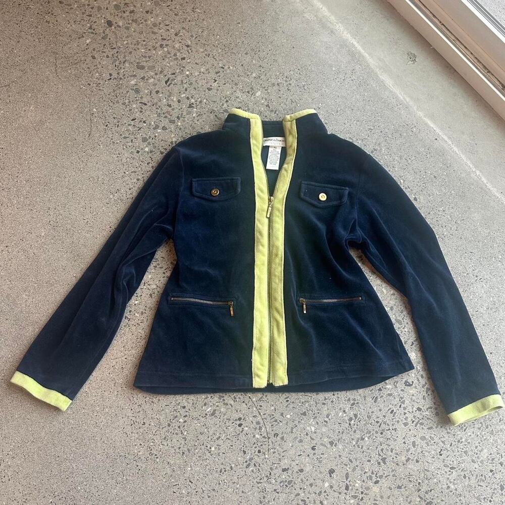 Drapers & Damon’s Women’s Small Jacket Navy Velour Zip Chartreuse Trim Y2K
